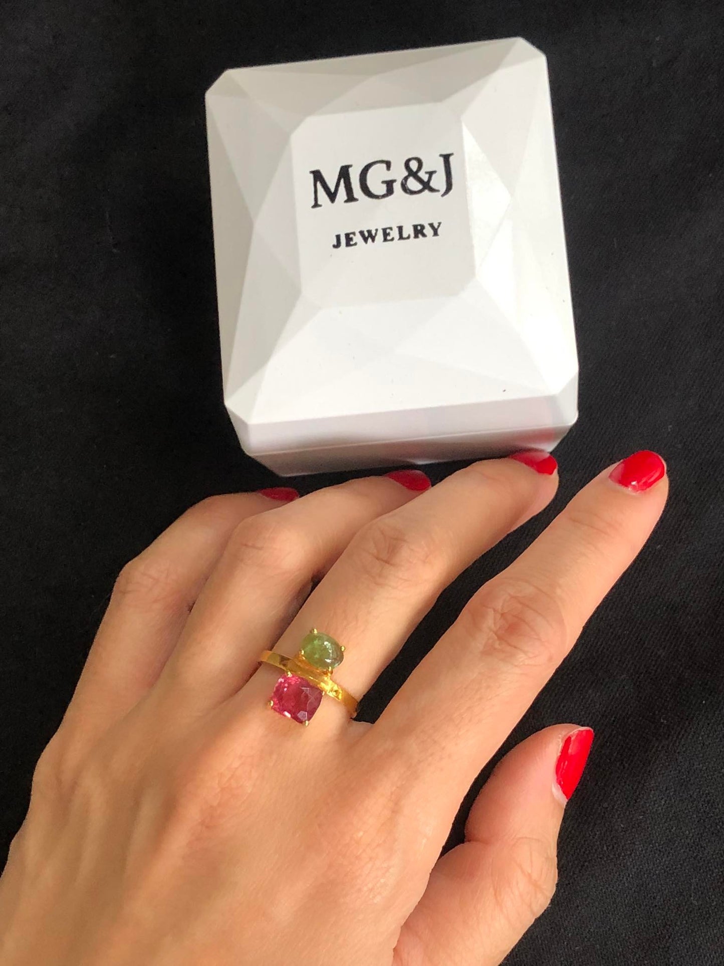 Candy Pink Spinel and Green Tourmaline Ring